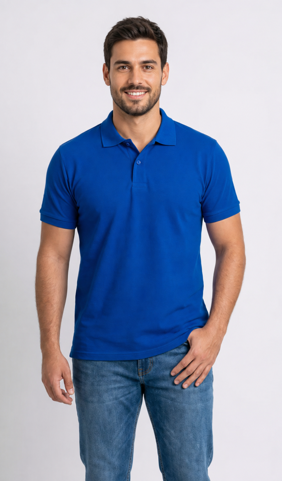 Modelo com rosto visível usando Polo Essencial