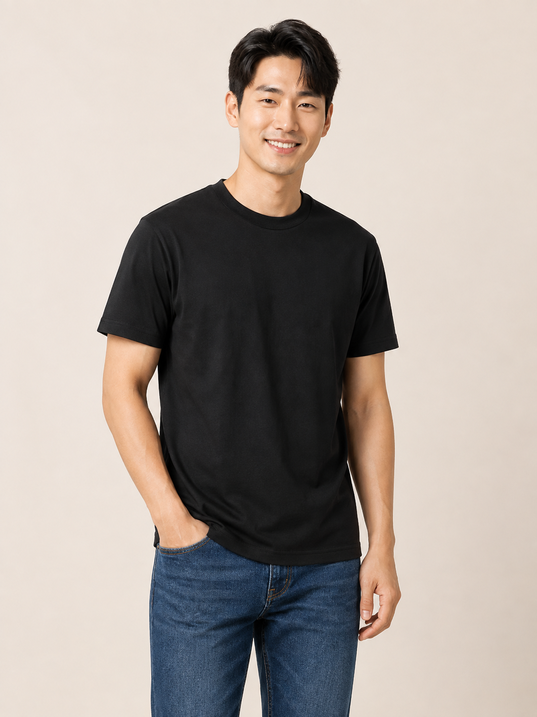 Modelo VesttaCor usando camiseta preta de gola canelada